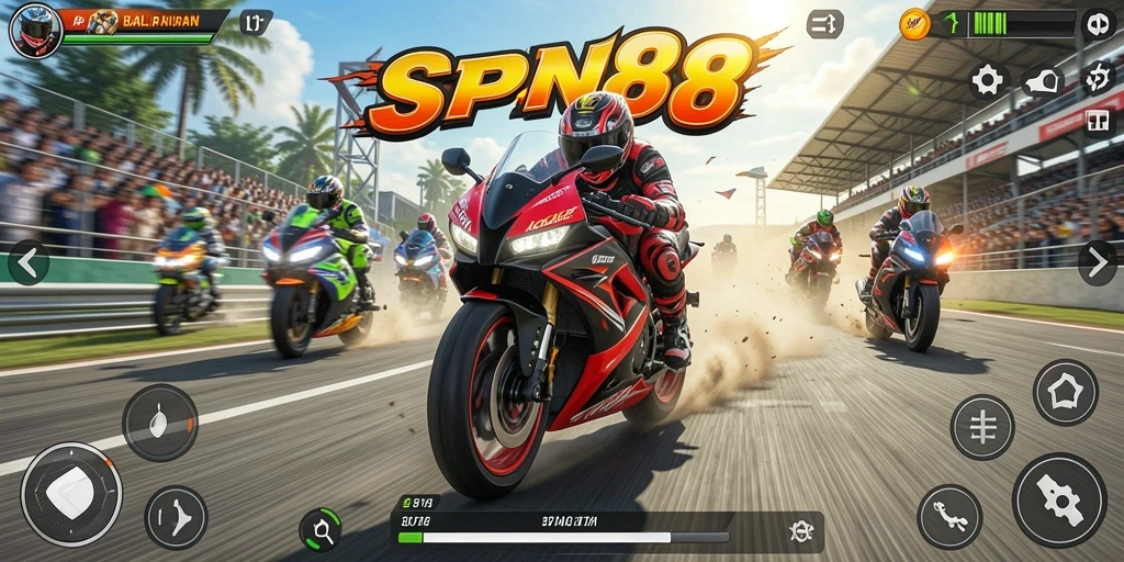 Screenshot gameplay SPN88 menampilkan balapan motor yang seru dan cepat.